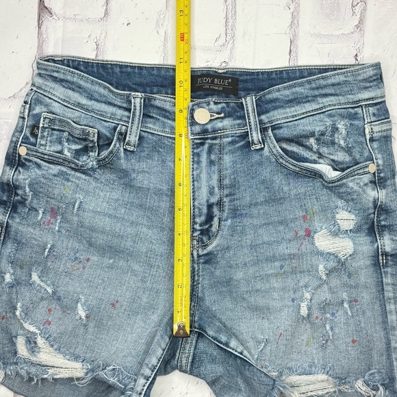 Judy Blue Mid Rise Rainbow Paint Splash Cut Off Denim Shorts Sz S Distressed - Picture 5 of 9